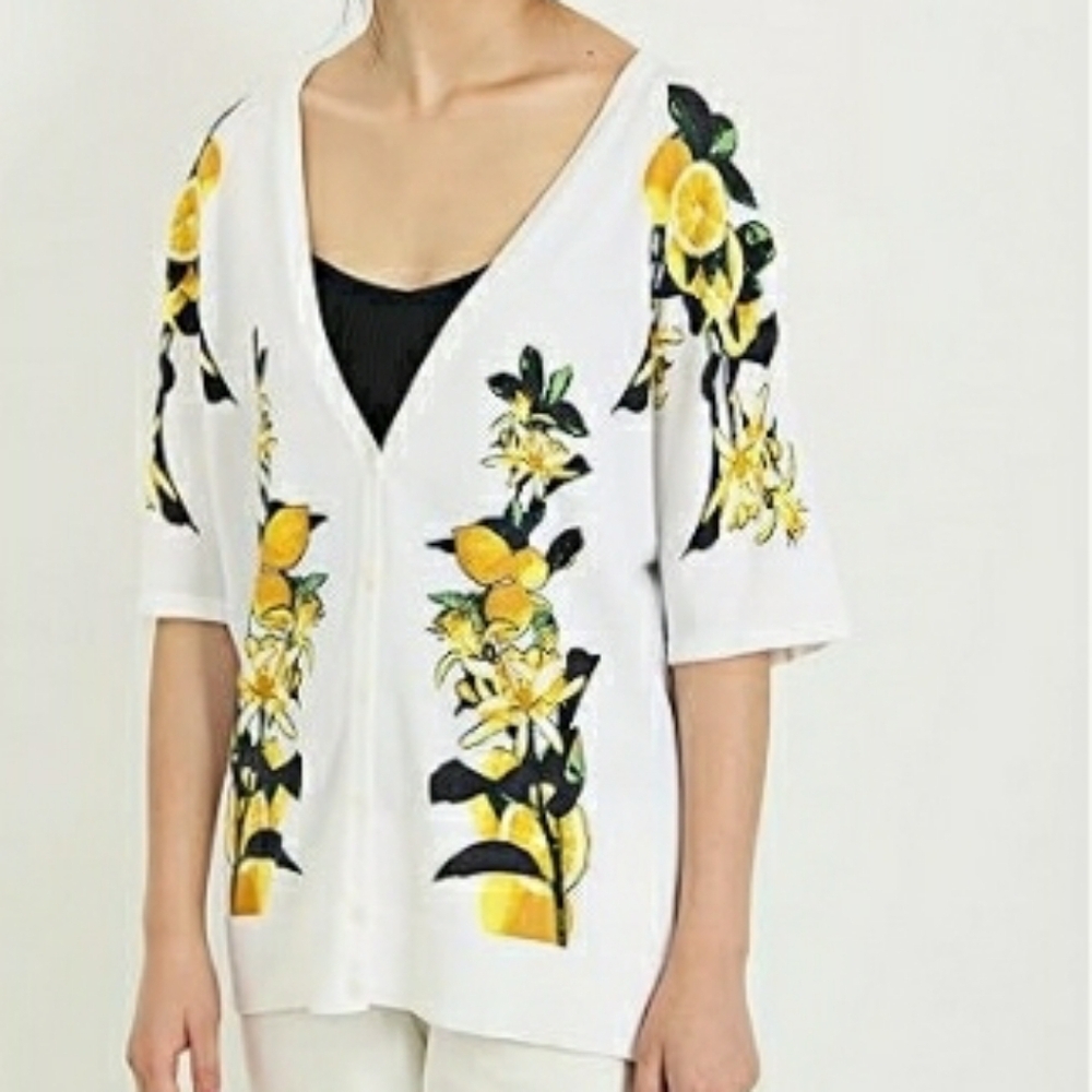 New York & Company 7th ave design studio lemon/blossoms Short Sleeves Cardigan L